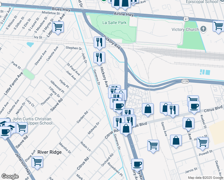 map of restaurants, bars, coffee shops, grocery stores, and more near 2115 Hickory Avenue in Harahan