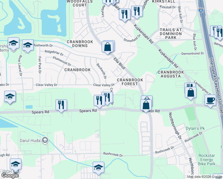 map of restaurants, bars, coffee shops, grocery stores, and more near 1215 Clear Valley Drive in Houston