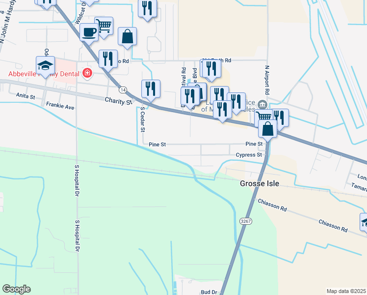 map of restaurants, bars, coffee shops, grocery stores, and more near 198 Azalea Drive in Abbeville