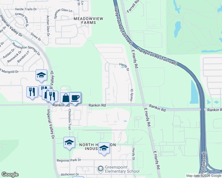 map of restaurants, bars, coffee shops, grocery stores, and more near 1010 Upward Court in Houston