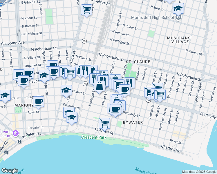 map of restaurants, bars, coffee shops, grocery stores, and more near 3113 Marais Street in New Orleans