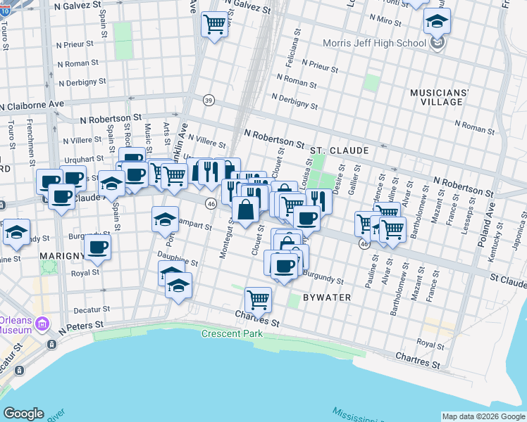 map of restaurants, bars, coffee shops, grocery stores, and more near 3067 Saint Claude Avenue in New Orleans