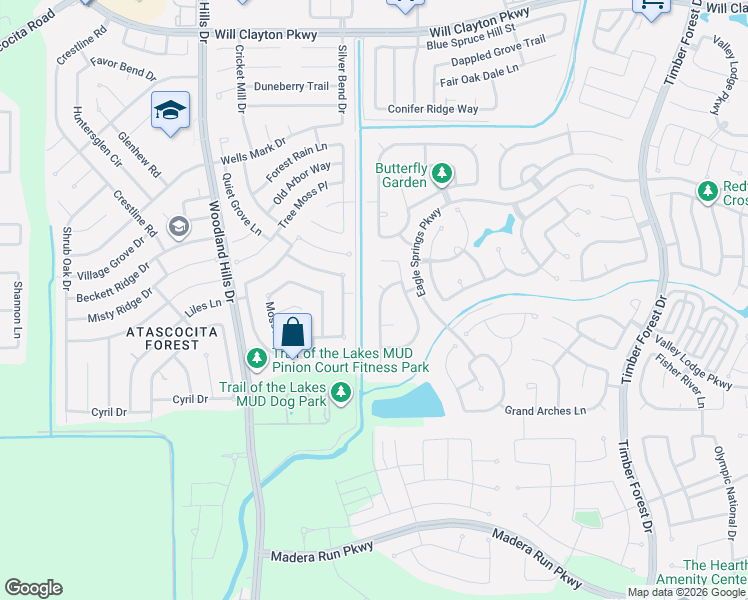 map of restaurants, bars, coffee shops, grocery stores, and more near 17406 Guadalupe Trail Court in Humble