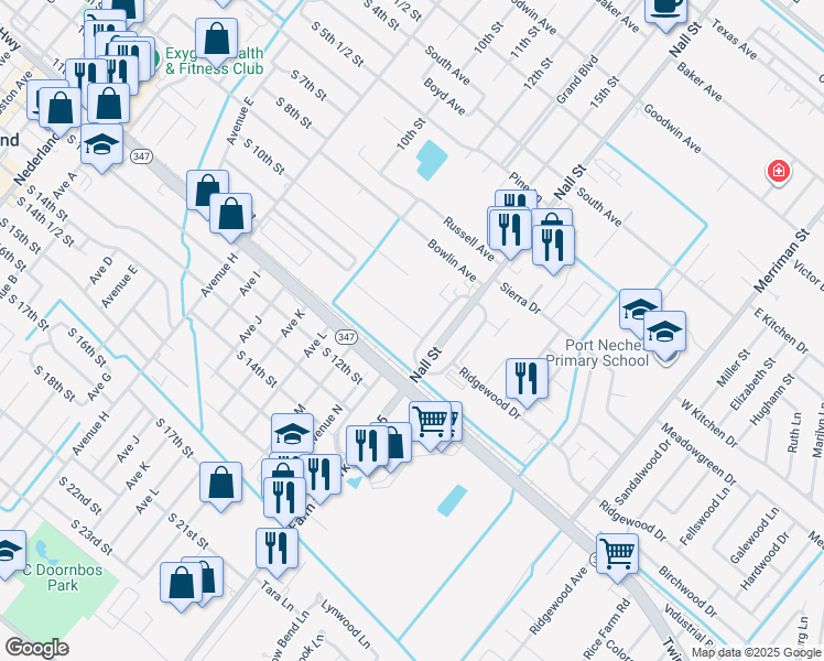 map of restaurants, bars, coffee shops, grocery stores, and more near 2900 Nall Street in Port Neches