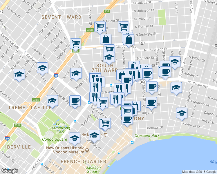 map of restaurants, bars, coffee shops, grocery stores, and more near 1830 Mc Shane Place in New Orleans