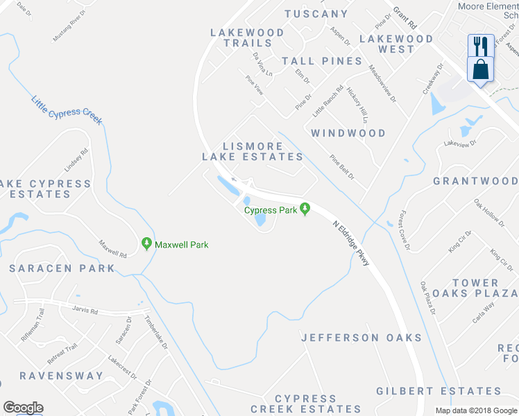 map of restaurants, bars, coffee shops, grocery stores, and more near Parc Lake Edge Drive in Cypress