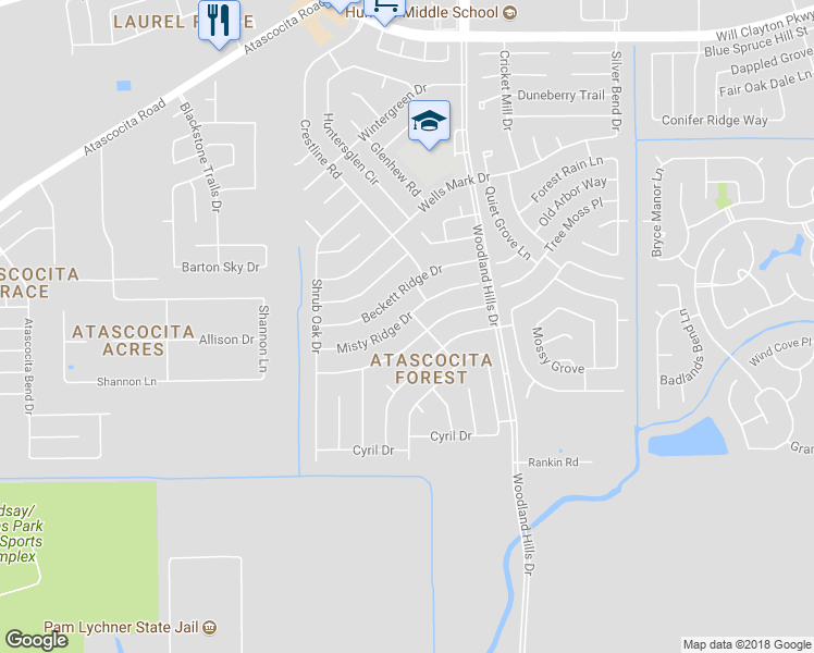 map of restaurants, bars, coffee shops, grocery stores, and more near 3718 Misty Ridge Drive in Humble