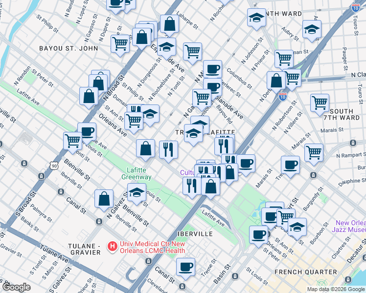 map of restaurants, bars, coffee shops, grocery stores, and more near 926 North Johnson Street in New Orleans
