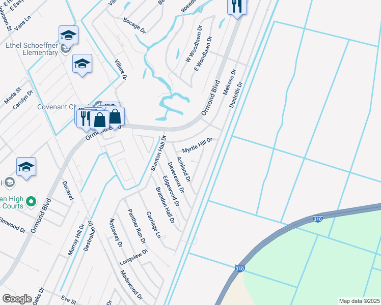 map of restaurants, bars, coffee shops, grocery stores, and more near 13 Myrtle Hill Drive in Destrehan