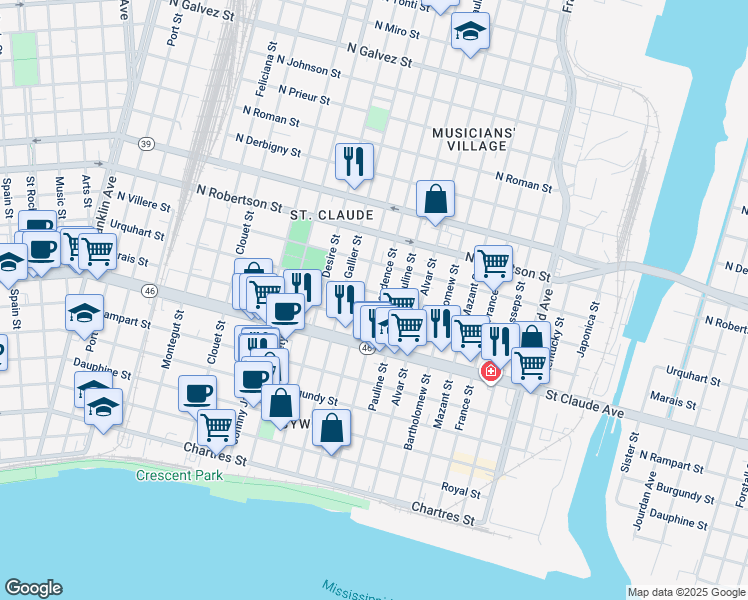 map of restaurants, bars, coffee shops, grocery stores, and more near 1310 Independence Street in New Orleans