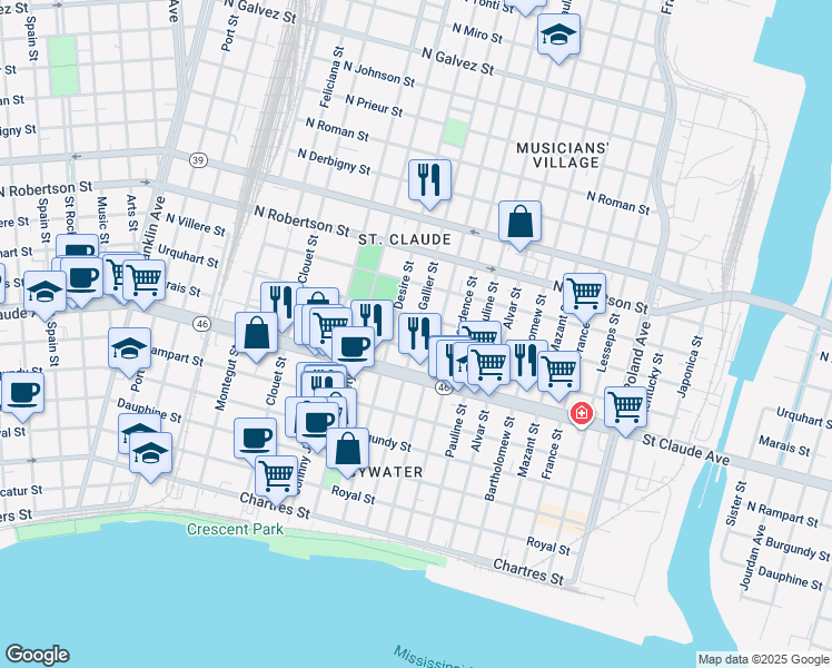 map of restaurants, bars, coffee shops, grocery stores, and more near 3425 Urquhart Street in New Orleans