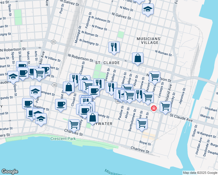map of restaurants, bars, coffee shops, grocery stores, and more near 3425 Urquhart Street in New Orleans