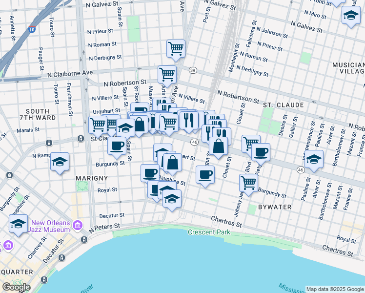 map of restaurants, bars, coffee shops, grocery stores, and more near 2812 Saint Claude Avenue in New Orleans
