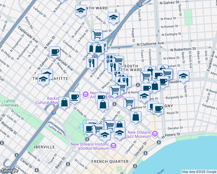 map of restaurants, bars, coffee shops, grocery stores, and more near 1462 Marais Street in New Orleans