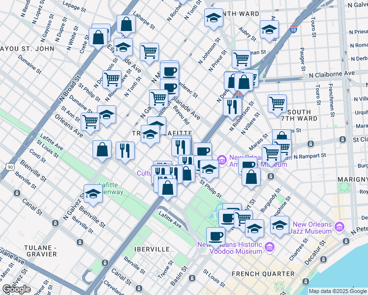map of restaurants, bars, coffee shops, grocery stores, and more near 1835 Ursulines Avenue in New Orleans