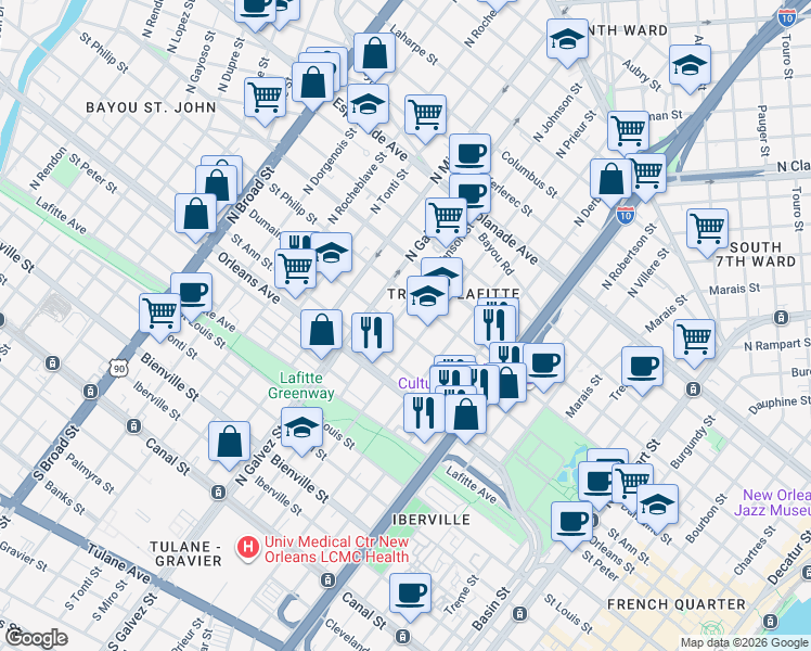 map of restaurants, bars, coffee shops, grocery stores, and more near 926 North Johnson Street in New Orleans
