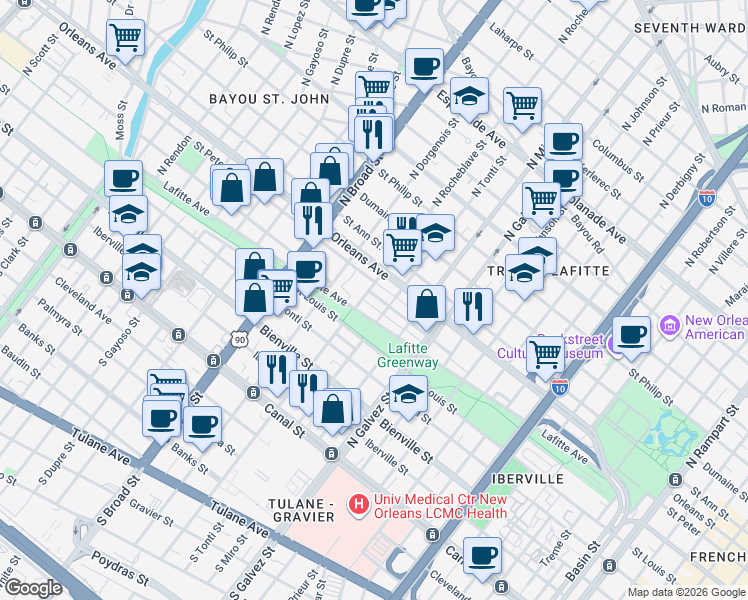 map of restaurants, bars, coffee shops, grocery stores, and more near 635 North Rocheblave Street in New Orleans