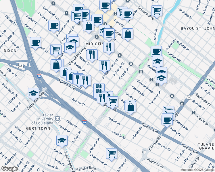 map of restaurants, bars, coffee shops, grocery stores, and more near 413 South Genois Street in New Orleans