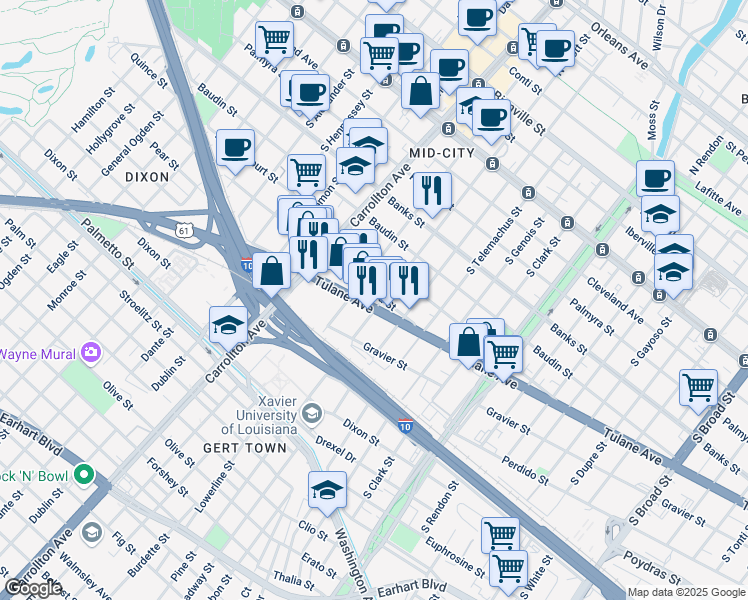 map of restaurants, bars, coffee shops, grocery stores, and more near 3917 Ulloa Street in New Orleans