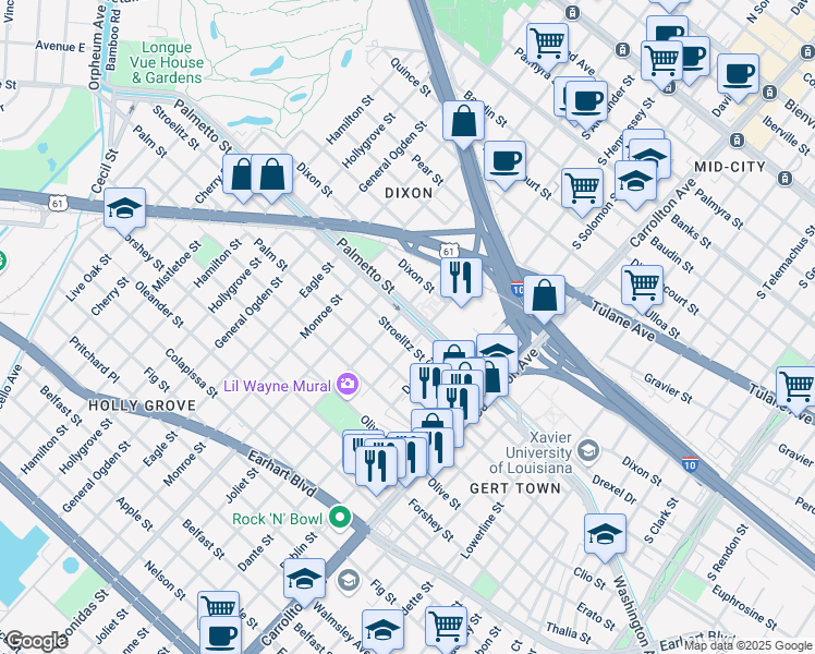 map of restaurants, bars, coffee shops, grocery stores, and more near 8516 Palmetto Street in New Orleans