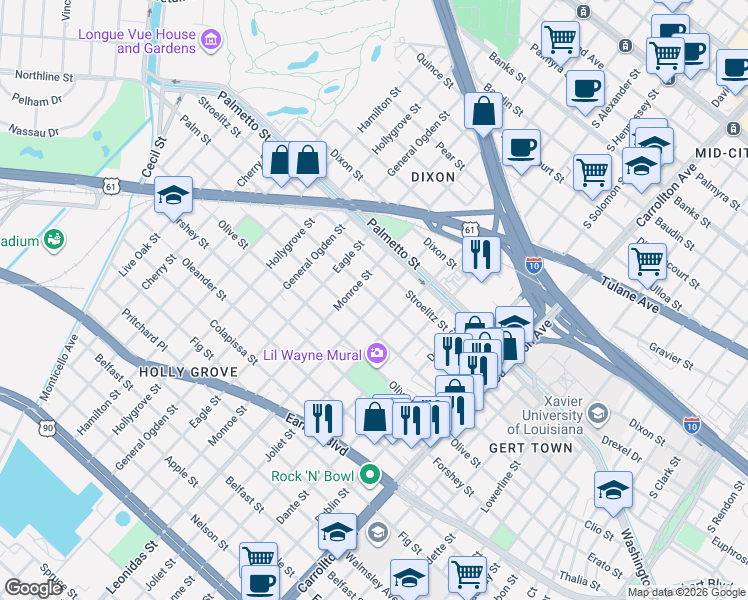 map of restaurants, bars, coffee shops, grocery stores, and more near 3616 Leonidas Street in New Orleans