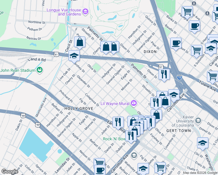 map of restaurants, bars, coffee shops, grocery stores, and more near 8910 Olive Street in New Orleans