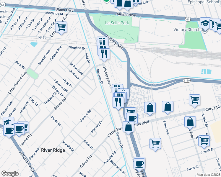 map of restaurants, bars, coffee shops, grocery stores, and more near 2115 Hickory Avenue in Harahan