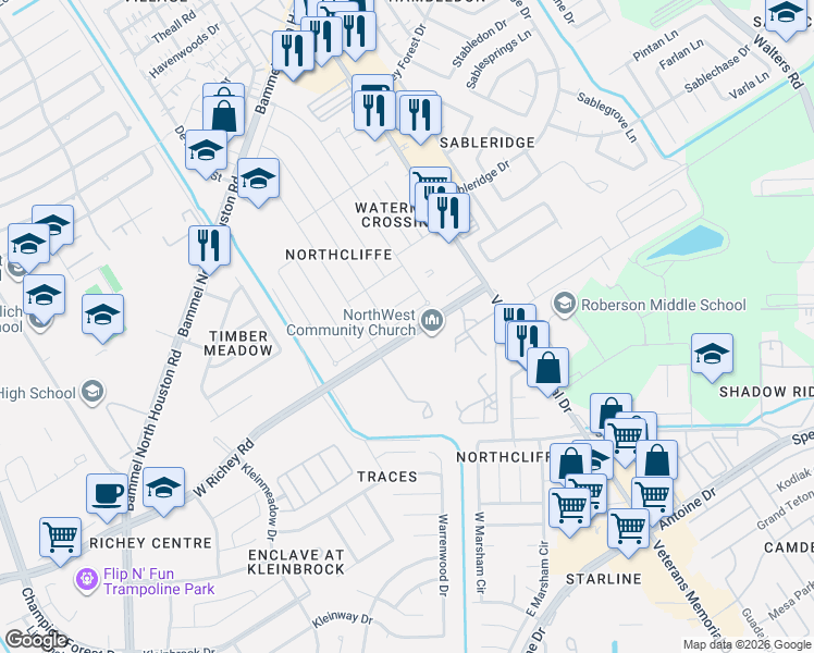 map of restaurants, bars, coffee shops, grocery stores, and more near 12842 Middlesbrough Lane in Houston