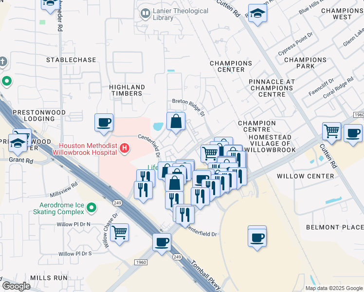 map of restaurants, bars, coffee shops, grocery stores, and more near 7700 Willow Chase Boulevard in Houston