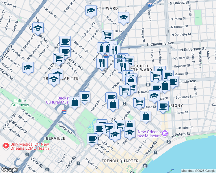 map of restaurants, bars, coffee shops, grocery stores, and more near 1336 Kerlerec Street in New Orleans