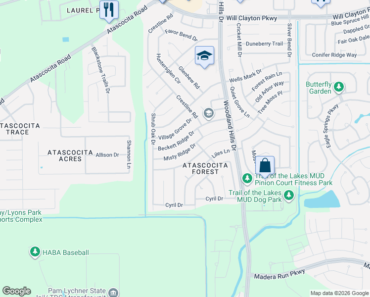 map of restaurants, bars, coffee shops, grocery stores, and more near 3702 Beckett Ridge Drive in Humble