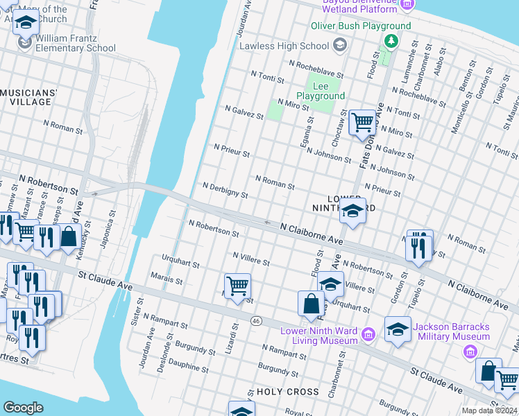 map of restaurants, bars, coffee shops, grocery stores, and more near 1627 Forstall Street in New Orleans