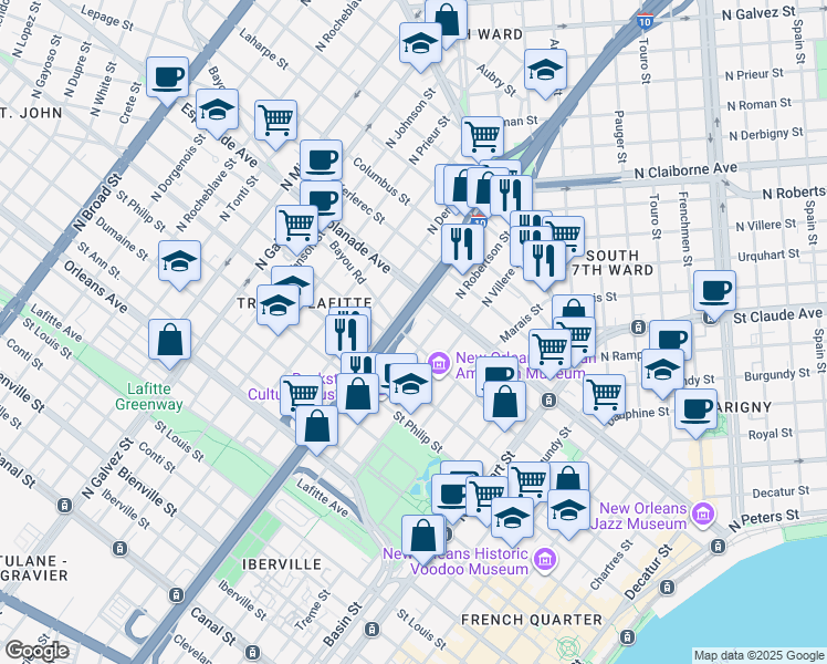 map of restaurants, bars, coffee shops, grocery stores, and more near 1615 Governor Nicholls Street in New Orleans