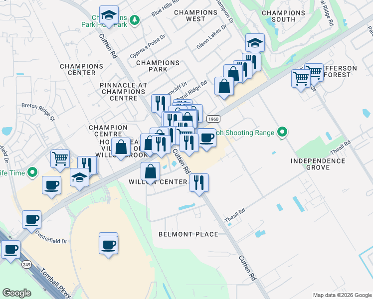 map of restaurants, bars, coffee shops, grocery stores, and more near 6943 Fm 1960 Road West in Houston