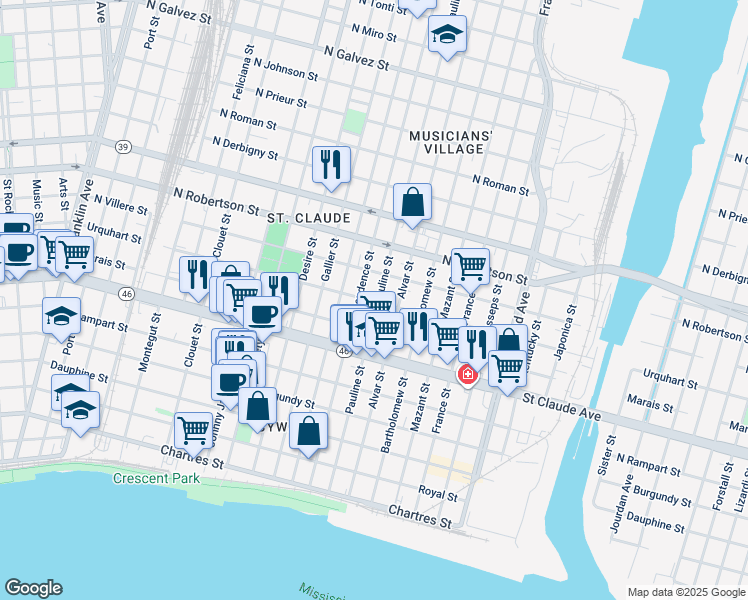 map of restaurants, bars, coffee shops, grocery stores, and more near 1310 Independence Street in New Orleans