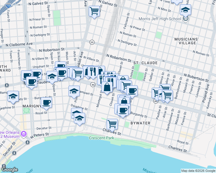 map of restaurants, bars, coffee shops, grocery stores, and more near 3032 Marais Street in New Orleans