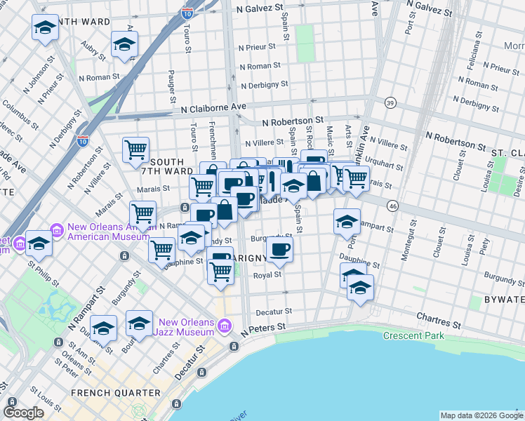 map of restaurants, bars, coffee shops, grocery stores, and more near 1040 Marigny Street in New Orleans