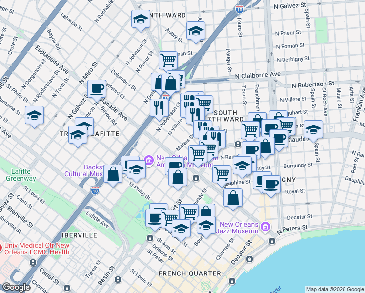 map of restaurants, bars, coffee shops, grocery stores, and more near 1462 Marais Street in New Orleans