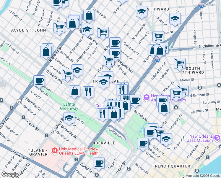 map of restaurants, bars, coffee shops, grocery stores, and more near in New Orleans