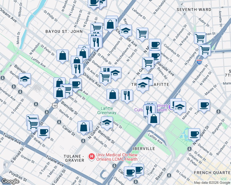 map of restaurants, bars, coffee shops, grocery stores, and more near 2300 Dumaine Street in New Orleans