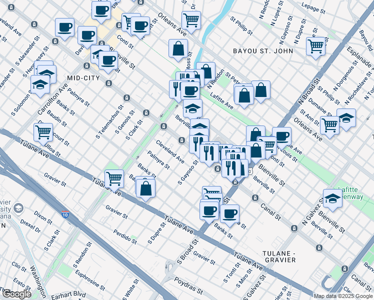 map of restaurants, bars, coffee shops, grocery stores, and more near in New Orleans
