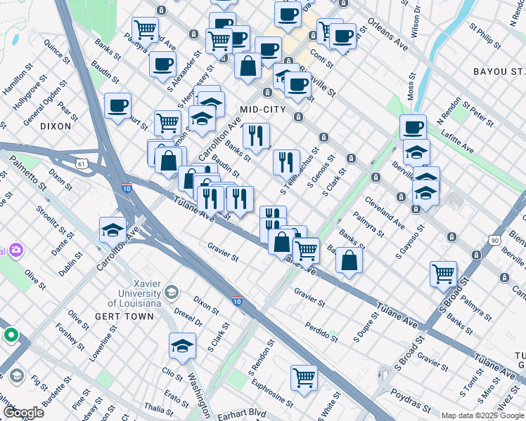 map of restaurants, bars, coffee shops, grocery stores, and more near 3720 Baudin Street in New Orleans