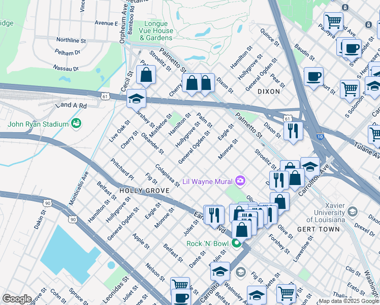 map of restaurants, bars, coffee shops, grocery stores, and more near 8910 Olive Street in New Orleans