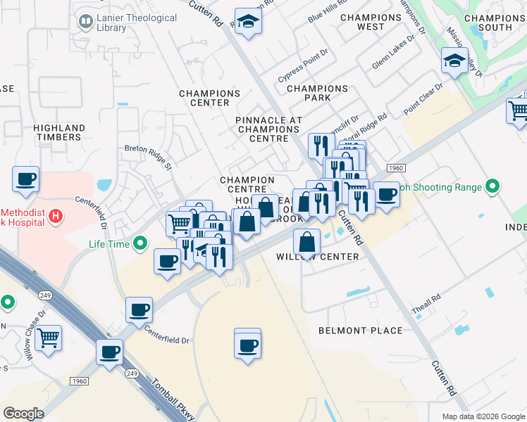 map of restaurants, bars, coffee shops, grocery stores, and more near 13223 Champions Plaza Drive in Houston