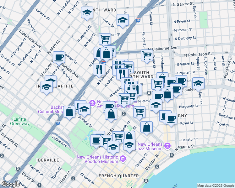 map of restaurants, bars, coffee shops, grocery stores, and more near 1462 Marais Street in New Orleans