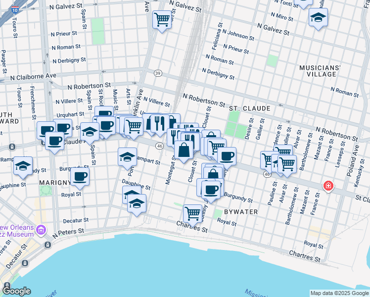 map of restaurants, bars, coffee shops, grocery stores, and more near 3032 Marais Street in New Orleans