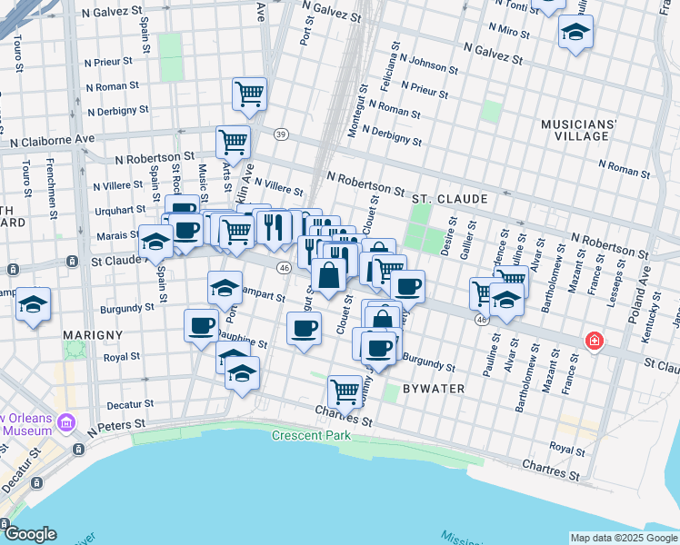 map of restaurants, bars, coffee shops, grocery stores, and more near 3039 Saint Claude Avenue in New Orleans