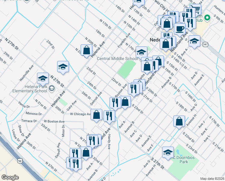 map of restaurants, bars, coffee shops, grocery stores, and more near 320 23rd Street in Nederland