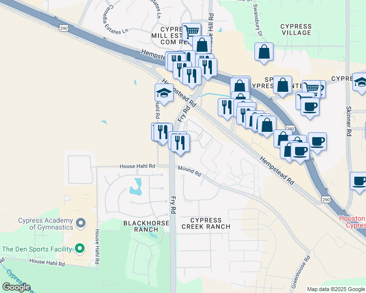 map of restaurants, bars, coffee shops, grocery stores, and more near 12906 Fry Road in Cypress