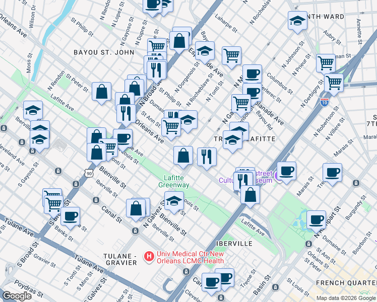 map of restaurants, bars, coffee shops, grocery stores, and more near 2300 Dumaine Street in New Orleans
